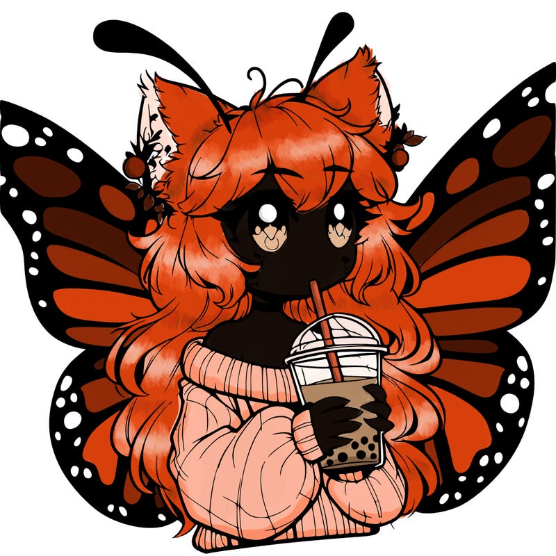 a realistic butterfly/furry girl drinking boba