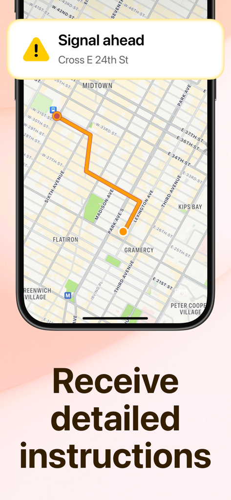 Oko - Cross streets and Maps - Smartphone screen displaying Oko navigation map with a signal ahead notification for crossing a street.