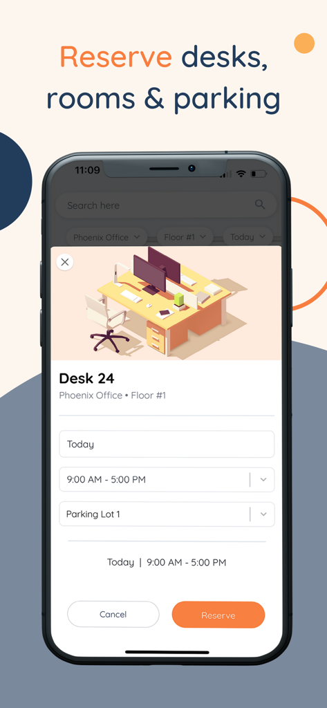 Tactic: Office Management - Mobile screen showing the Tactic app interface for reserving an office desk and parking spot