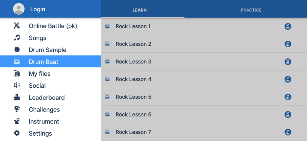 Drum Live - Drum Live app interface with navigation menu and rock lessons list