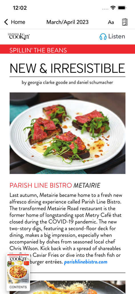 Louisiana Cookin' - A digital magazine article in the Louisiana Cookin app featuring a restaurant review and food photography.