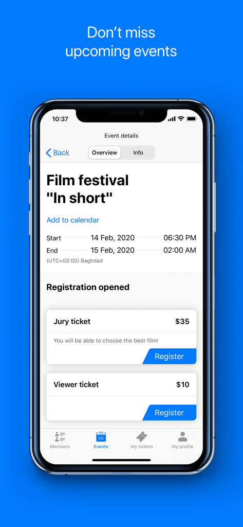 Wild Apricot app displaying event registration and ticket options for members