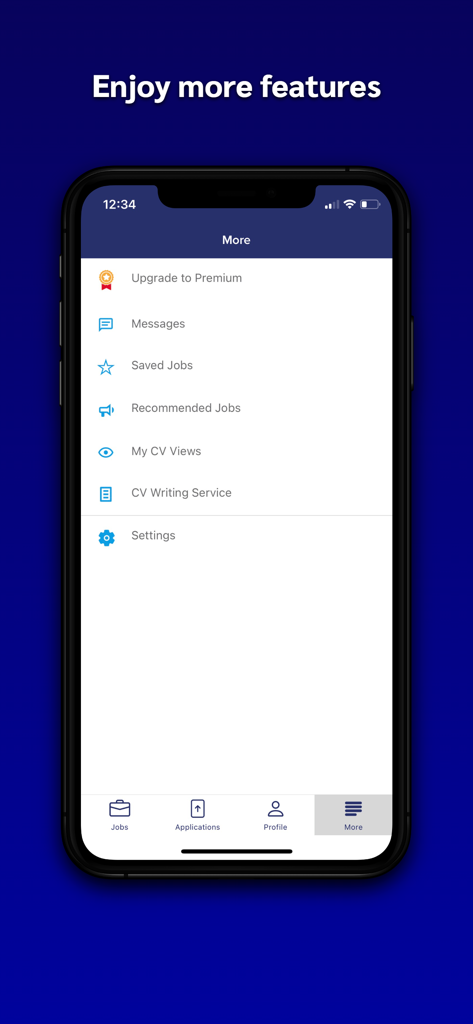 GulfTalent app more menu showing features like premium upgrade messages and saved jobs