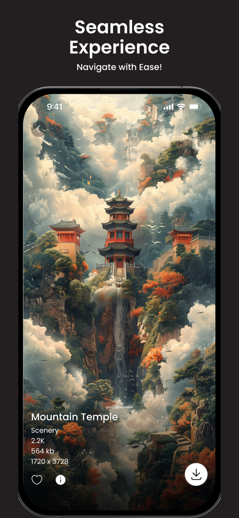 Interface of OMW app featuring an artistic mountain temple wallpaper