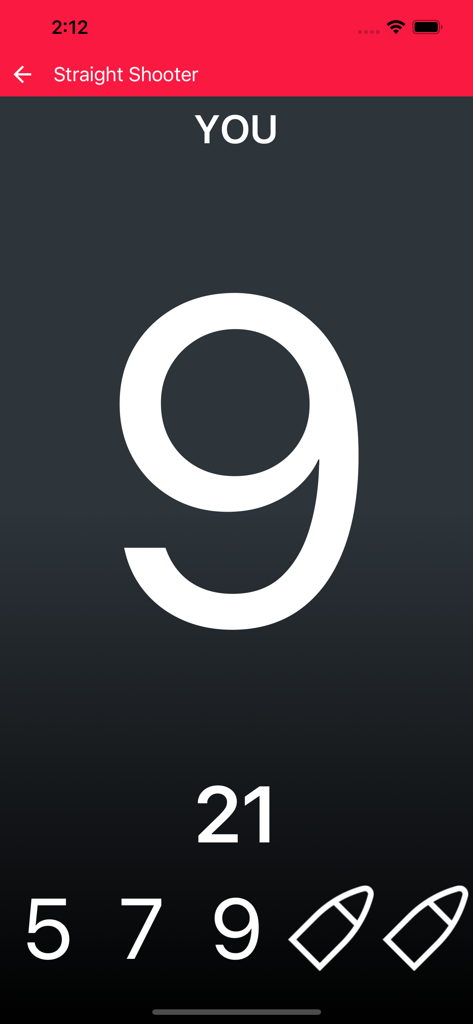 Straight Shooter app score display screen showing shot points and bullet icons