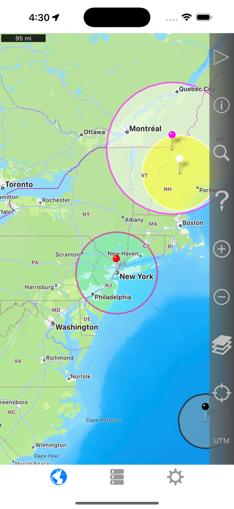 Interface do aplicativo Radius on Map exibindo múltiplas zonas de distância circulares em um mapa do Nordeste dos Estados Unidos.