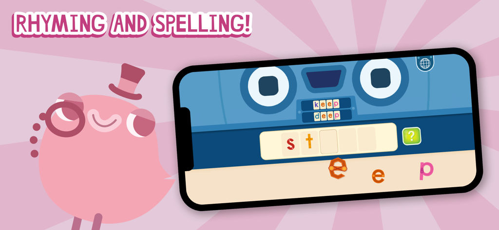 Endless Learning Academy - Endless Learning Academy app showing a rhyming and spelling word game on a smartphone with a friendly pink monster character.