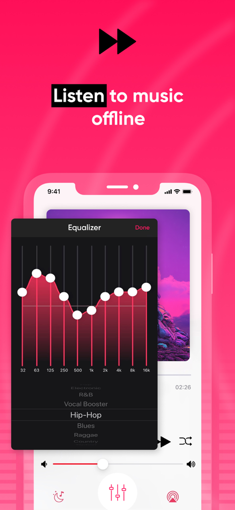 Cloud Music Offline Player mp3 - Interfaz del reproductor de música mostrando la configuración del ecualizador con una curva de frecuencia y la selección de preajuste de hip-hop.