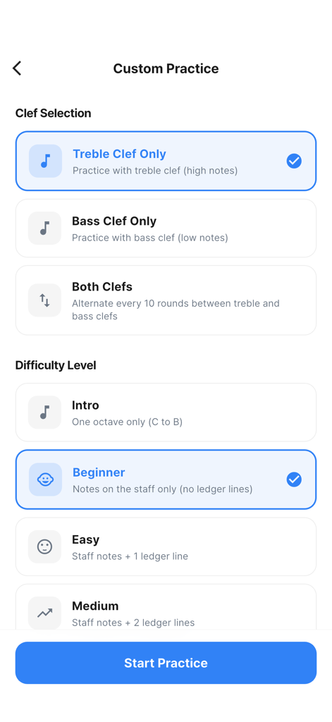 Read Notes Game - Menü für benutzerdefinierte Übungen in der Read Notes Game App mit Optionen für die Notenschlüsselauswahl und Schwierigkeitsgrade