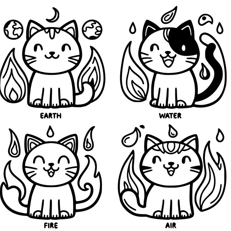 4 cats that represent the elements, earth, water, fire and air