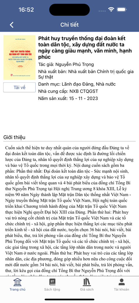STBook-Chính trị quốc gia ST - Interface of the STBook app showing details for a political book by Nguyen Phu Trong