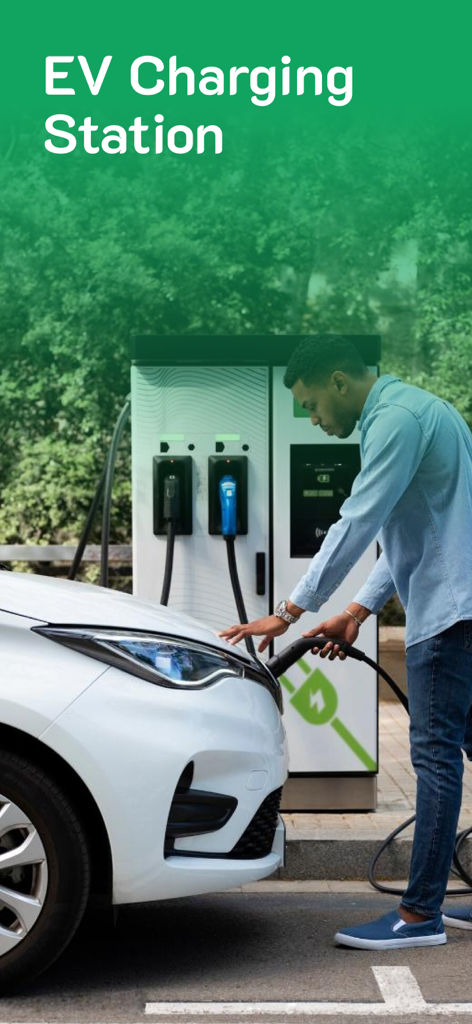 EVMap- Charging Station Finder - A man plugging a charging cable into a white electric vehicle at an outdoor charging station.