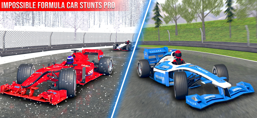Extreme Formula Car Stunt Game - A split screen showing a red formula car on a snowy track and a blue formula car on a green track.