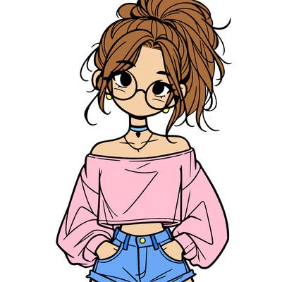 girl with a messy ponytail glasses a baggy crop top and jean shorts