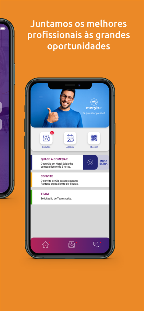 merytu - Panel de la aplicación móvil merytu que muestra oportunidades de trabajo y notificaciones profesionales en un iPhone.