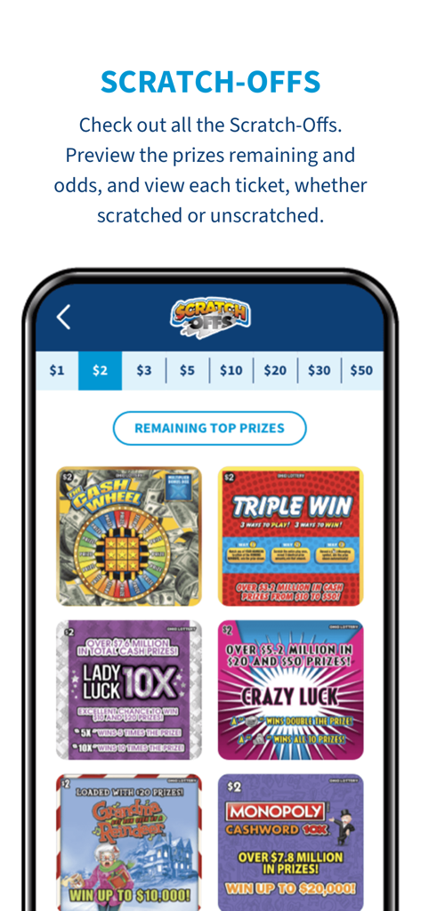 A mobile screen from the Ohio Lottery app showing various scratch-off games and price filter options.