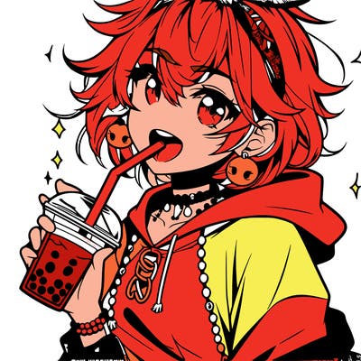 hot baddie anime girl drinking boba and biting the straw