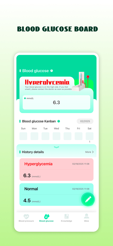 Blood Pressure Health Monitor - Blood glucose monitoring interface showing history and hyperglycemia alert