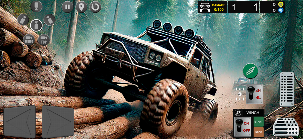 Top Offroad 4x4 Simulator - Gameplay of Top Offroad 4x4 Simulator showing a rugged truck navigating forest terrain with technical driving controls