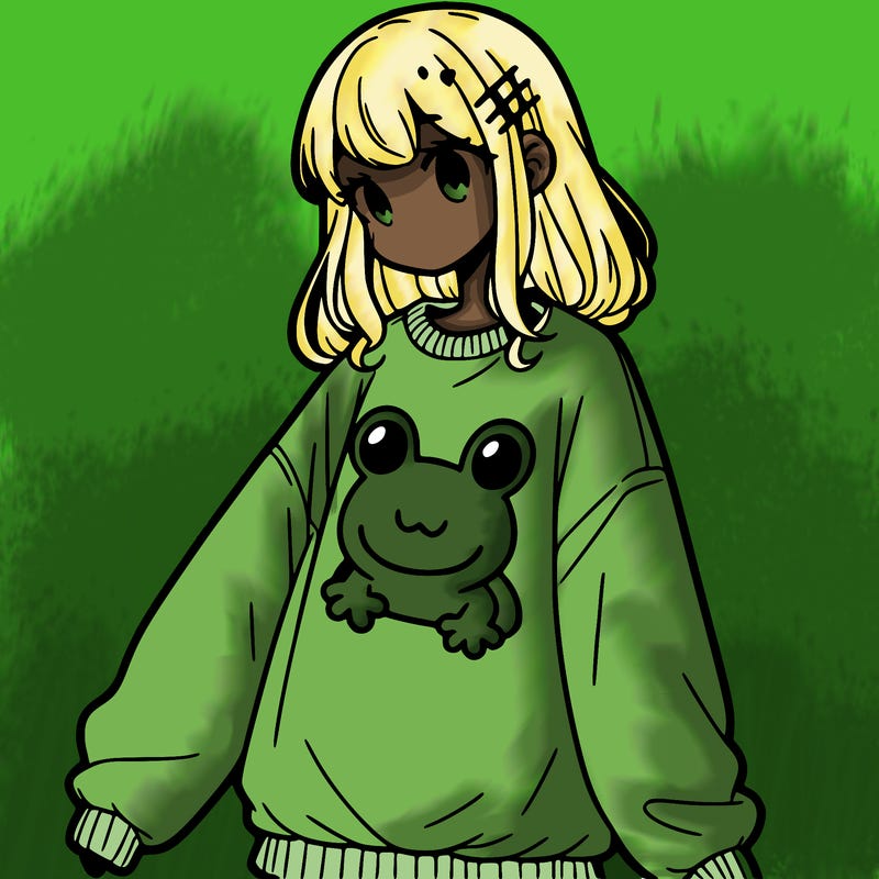 girl wearing frogging sweatshirt