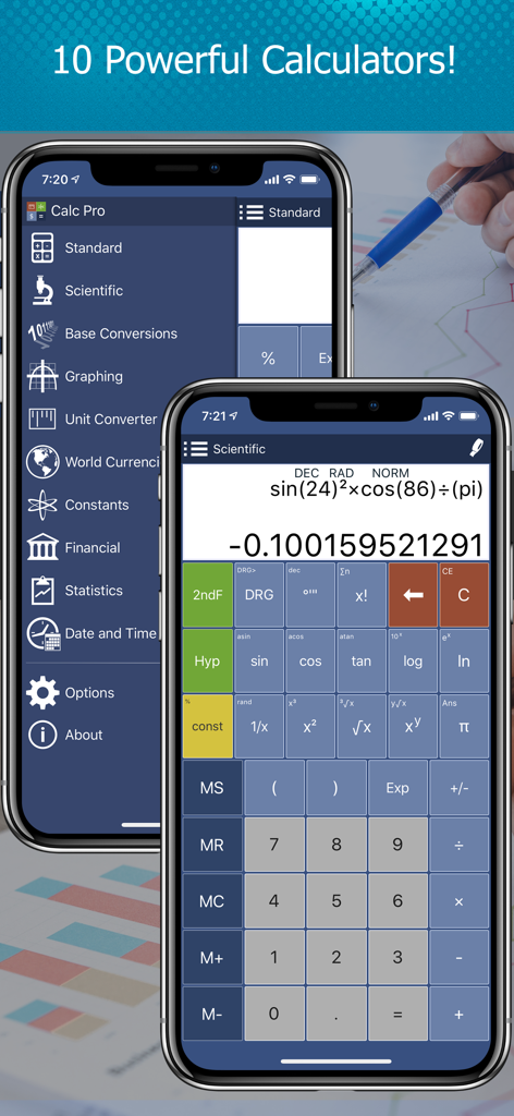 Calc Pro - The Top Calculator - Calc Pro app menu and scientific calculator interface on two iPhones