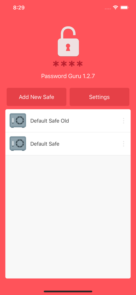Password Goo app main interface showing a list of secure safes with options to add new vaults