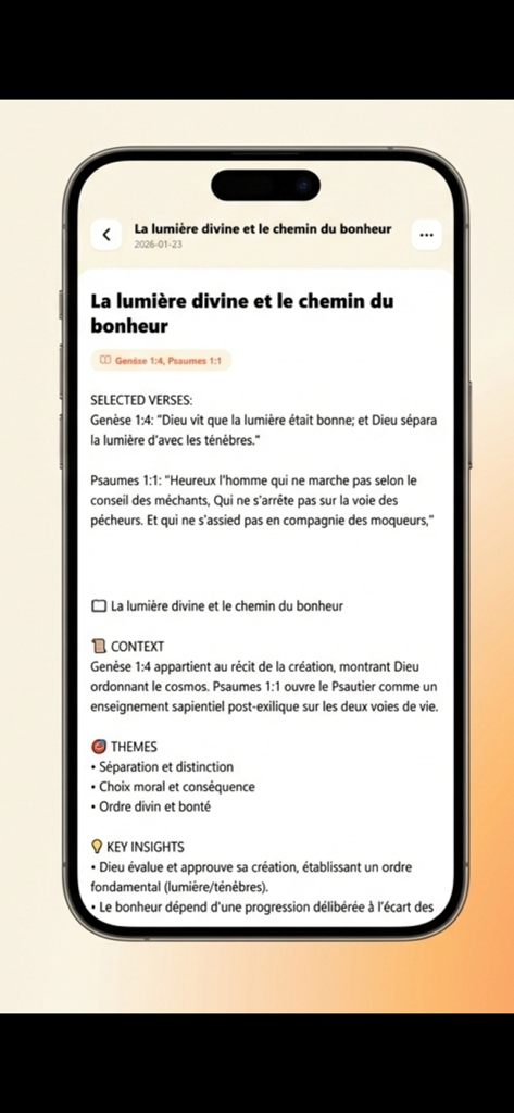 Mobile App-Oberfläche der französischen Louis Segond 1910 Bibel, die eine Lernsitzung über göttliches Licht mit Schriften und wichtigen Erkenntnissen zeigt