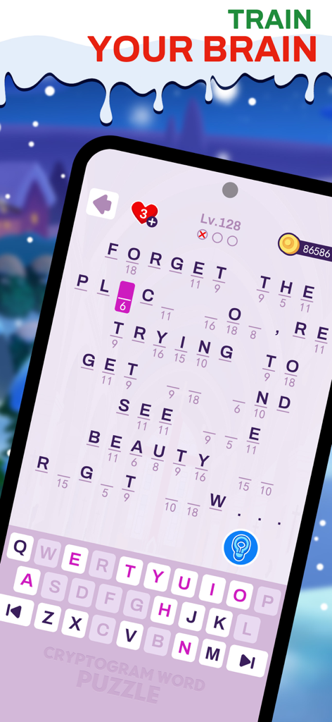 Cryptogram Word Puzzle Game - 雪背景と「脳トレーニング」というテキストが表示されたクリプトグラム単語パズルゲームを表示する携帯電話画面。