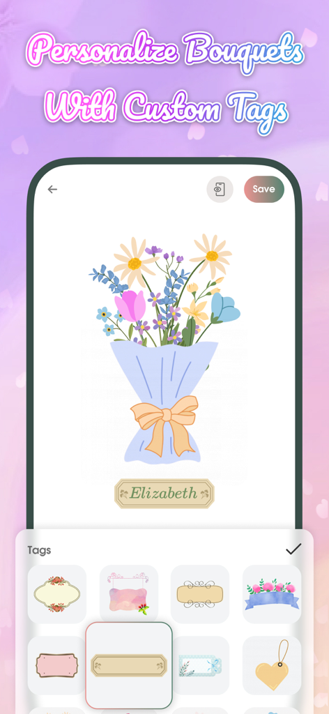 Buquê de flores personalizado com uma etiqueta de nome personalizada no aplicativo Flower Language.