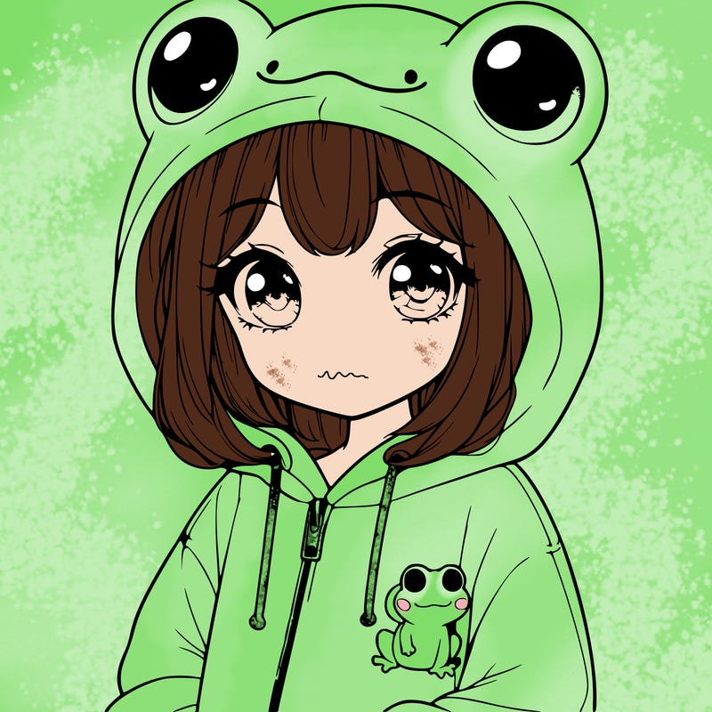cute realistic girl in a froggy hoodie