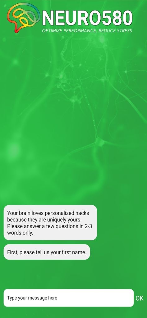 Neuro580 app onboarding screen featuring a chat interface for personalized mental performance hacks