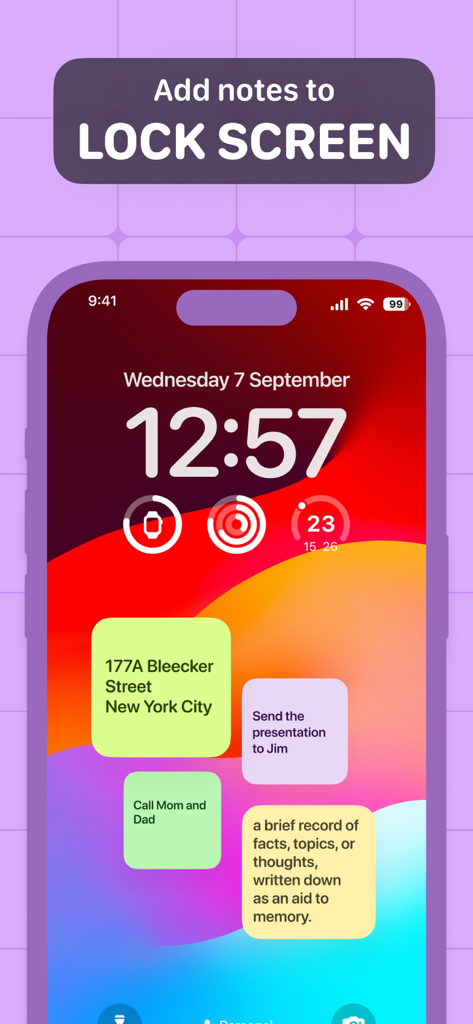 Sticky Notes Widget displayed on an iPhone lock screen with reminders and tasks.