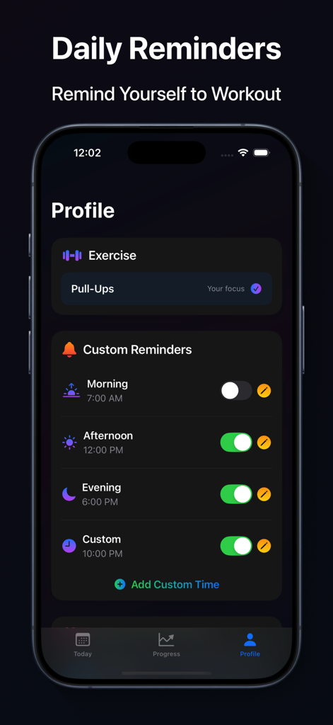 Grease the Groove Workouts - Setup screen for custom daily workout reminders for pull-up exercises