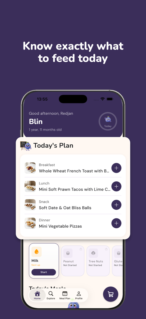 Nica: Baby Food & Meal Planner - Mobile app interface for Nica showing a daily meal plan for a toddler including breakfast lunch snack and dinner