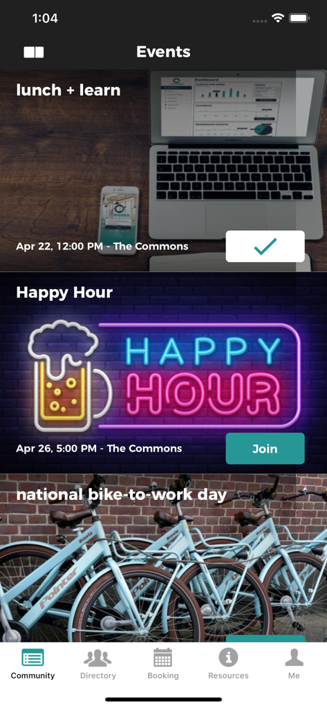 The community events screen of the Coworks app displaying upcoming activities like a lunch and learn and happy hour.