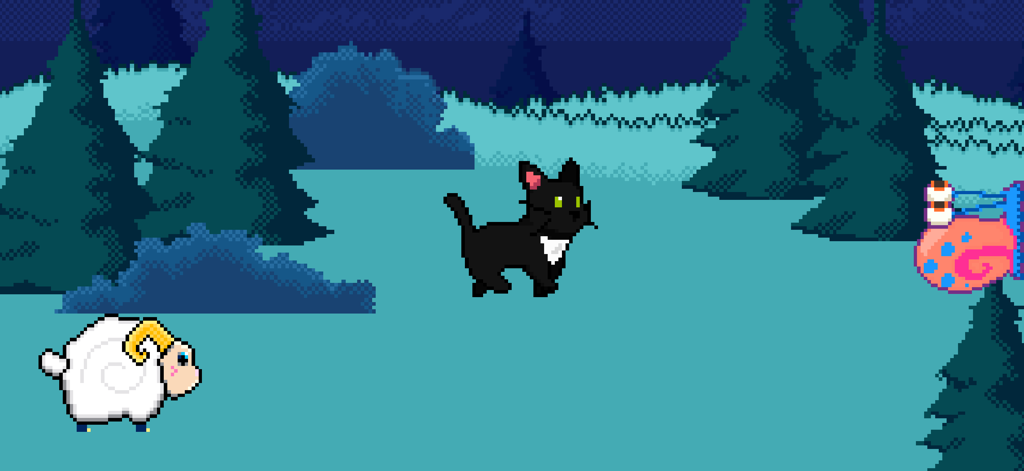Pets Therapy - Pixel art cat, sheep, and snail walking in a cozy night forest landscape.
