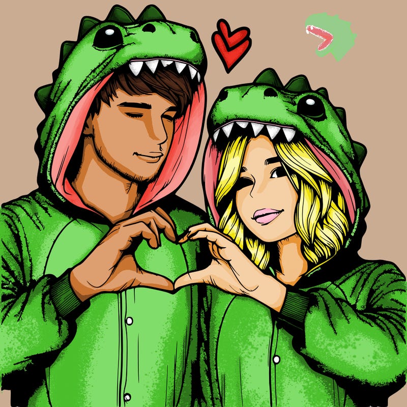 realistic couple wearing matching dinosaur onesies with heart hand gesture