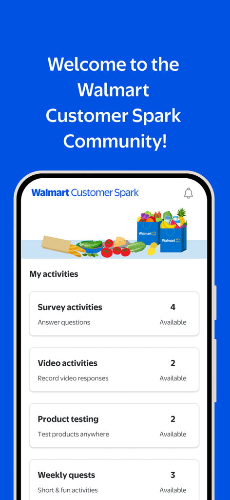 Walmart Customer Spark app interface showing survey and product testing activities available for users