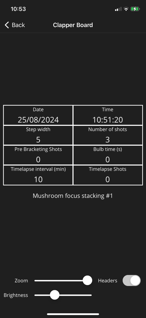 Alpha Focus Bracketing - Alpha Focus Bracketing Clapper Board interface showing session metadata like date time step width and number of shots for focus stacking