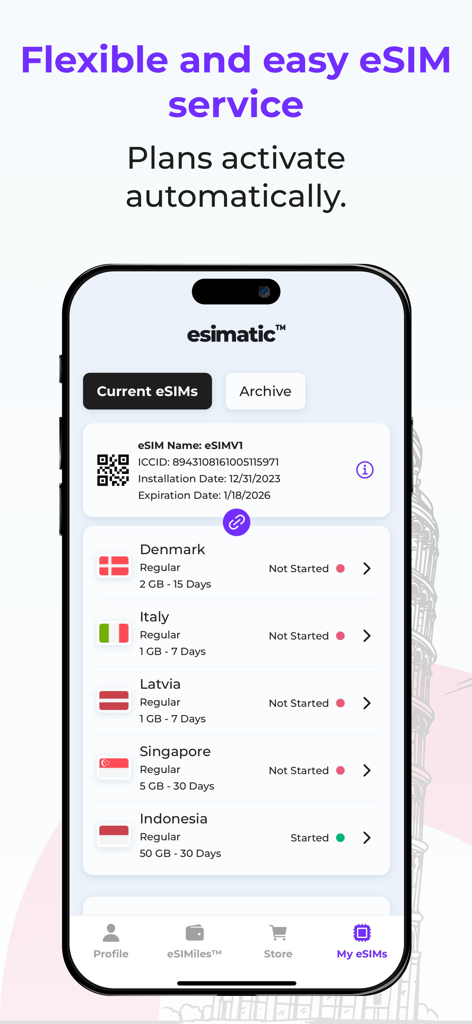 Esimatic eSIM: Mobile Data 5G - Esimaticアプリを表示するスマートフォン。各国の有効なeSIMデータプランと利用可能なプランを表示