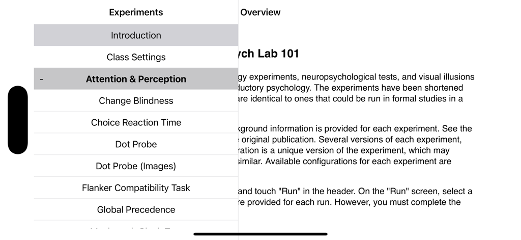 The experiments menu of the Psych Lab 101 app showing categories like Attention and Perception with specific tasks like Change Blindness.
