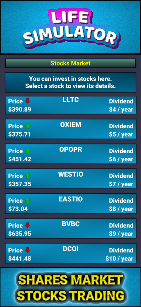 Life Simulator - Business Game - Life Simulator stocks market interface showing various share prices and dividends