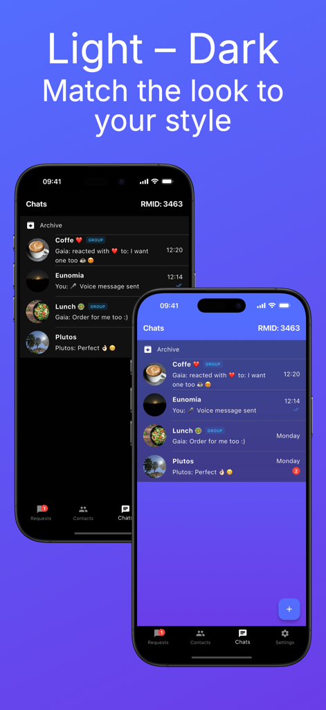 Royal Message - Zwei iPhones, die die Royal Message App in dunklen und hellen Designs zur Stil-Anpassung anzeigen