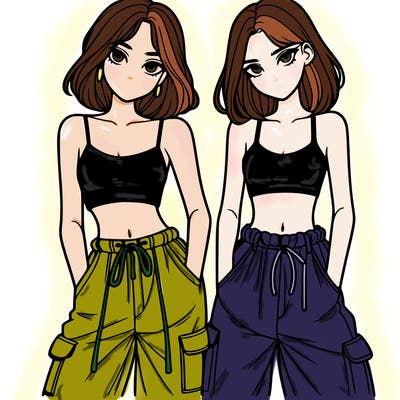 two girls with crop top with baggy pants