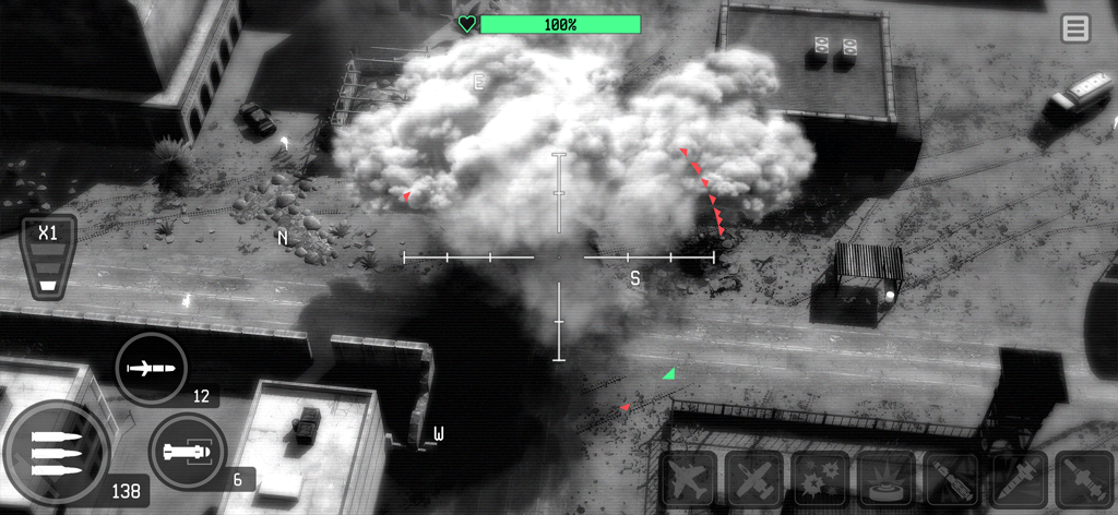Thermal vision aerial combat view showing an explosion during a drone mission in a military base
