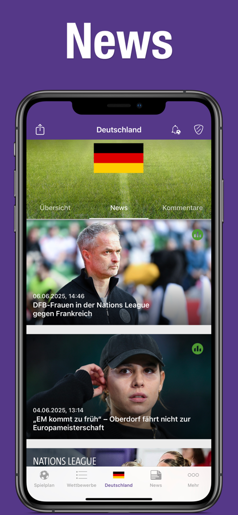 WM 2026 Spielplan & Ergebnisse - Mobile app screen showing German national soccer team news articles