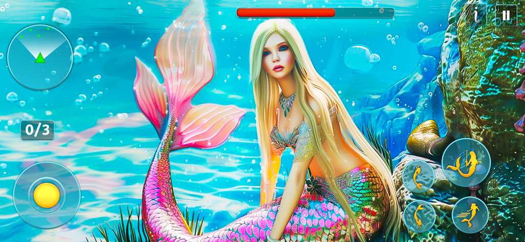 Princess Mermaid Simulator 3D - Princesa sereia loira em uma tela de jogo de simulação subaquática 3D