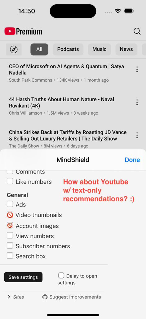 YouTube mobile feed showing video titles only without thumbnails or images via the No Distractions extension settings menu