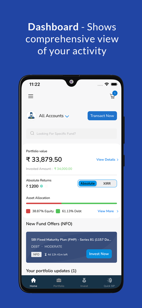 Vue du tableau de bord de l'application SBI Mutual Fund InvesTap affichant la valeur du portefeuille, les rendements absolus et l'allocation d'actifs sur un smartphone