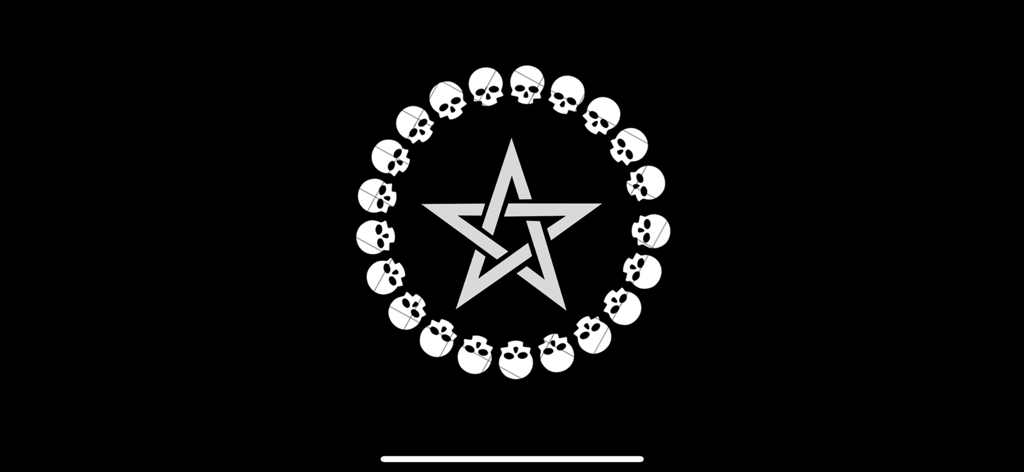 Spirit Box EMF Ghost Detector - Un pentagramma bianco centrato all'interno di un bordo circolare di piccoli teschi su sfondo nero